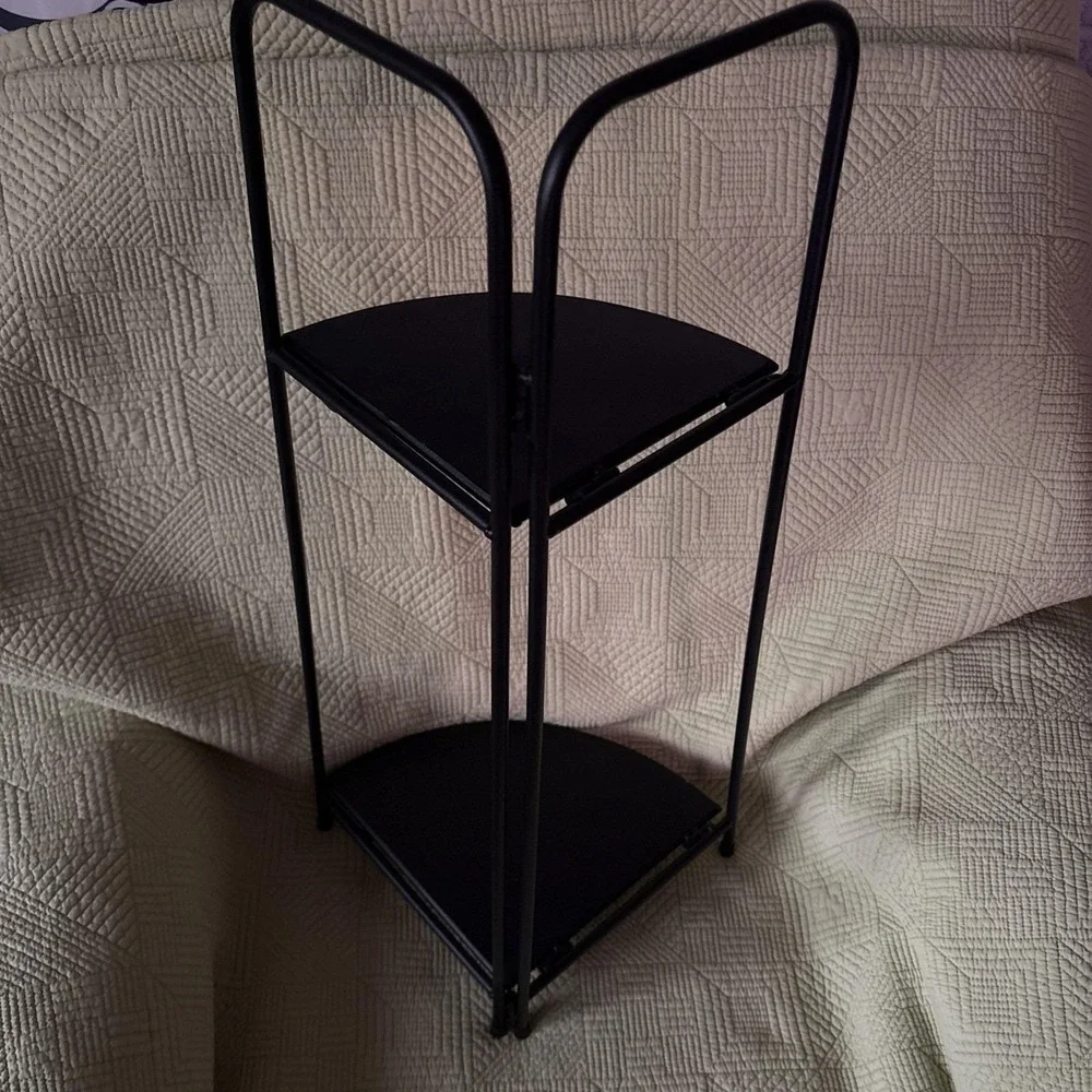Minimalist Folding 2 Tier Shelf Black Metal Bathroom Kitchen Plant Stand 25.5
